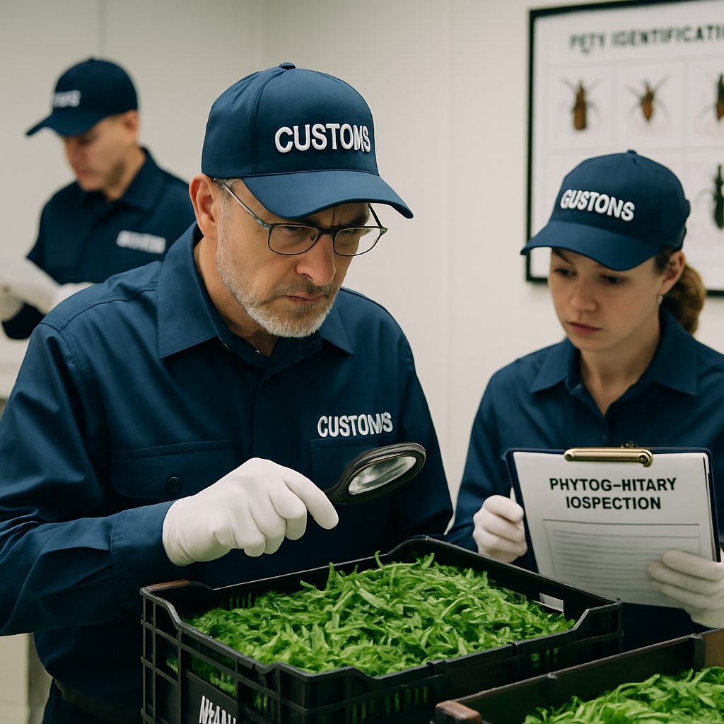 Phytosanitary inspection at customs with arugula in focus, showcasing officials checking for pests and